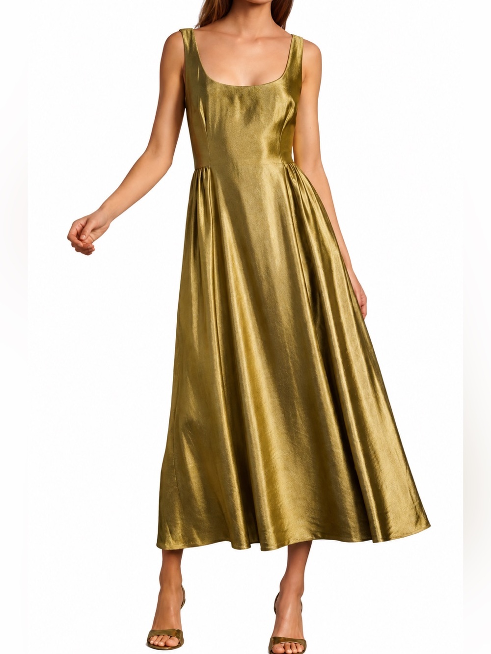 ANTONIO MELANI Leah Metallic Gold Maxi Dress Size 6 Scoop Neck Sleeveless A-Line